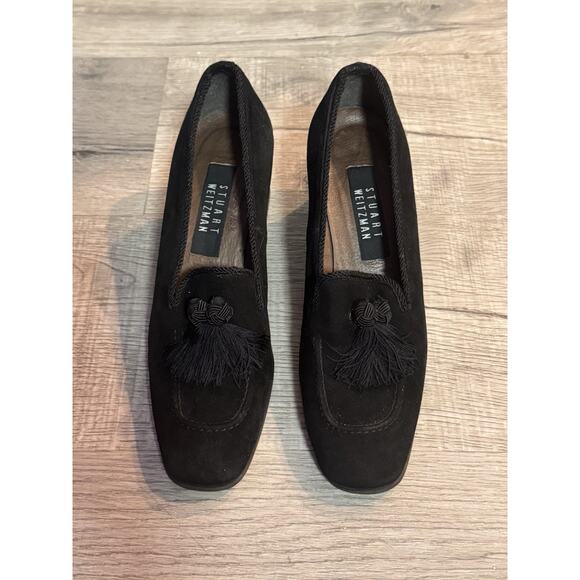 Stuart Weitzman 7.5 Suede Chunky Pumps Heels Tassel Loafers Black - Picture 2 of 6